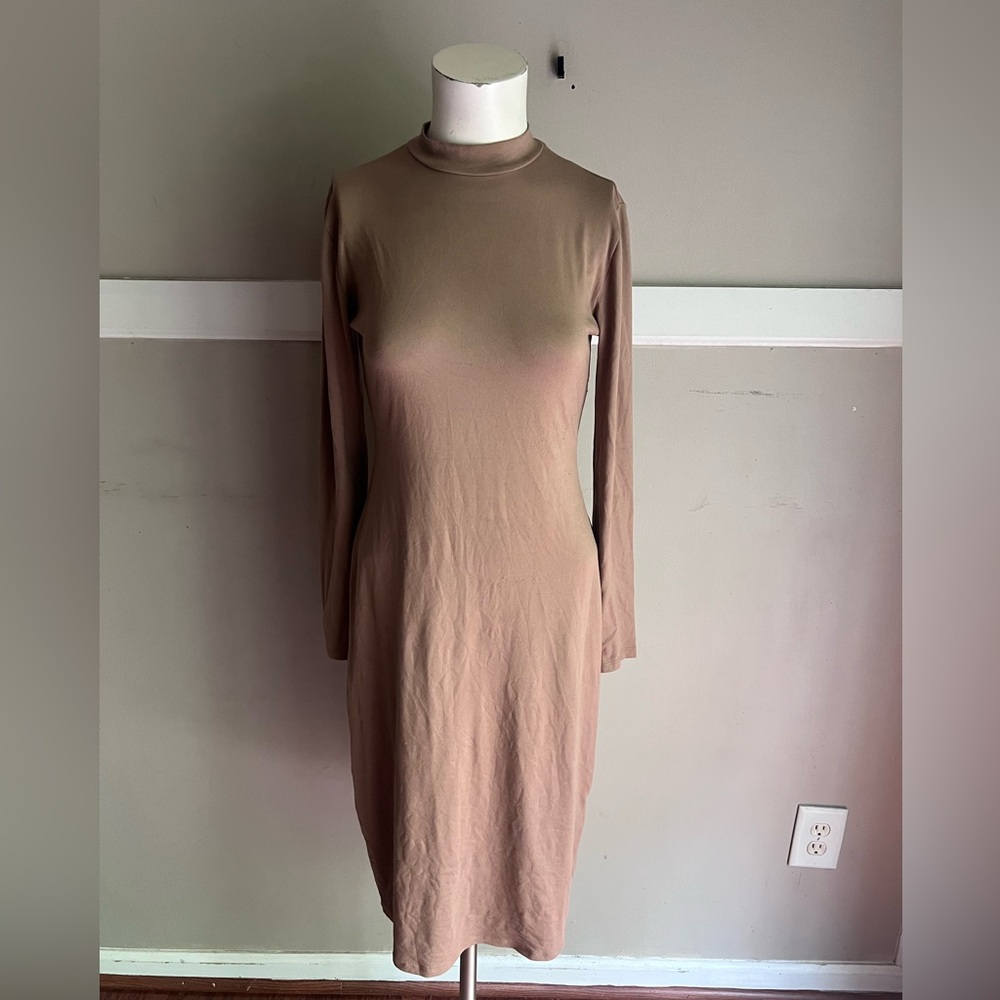 Fashion Nova Long Sleeve Mock Neck Bodycon Dress in Taupe